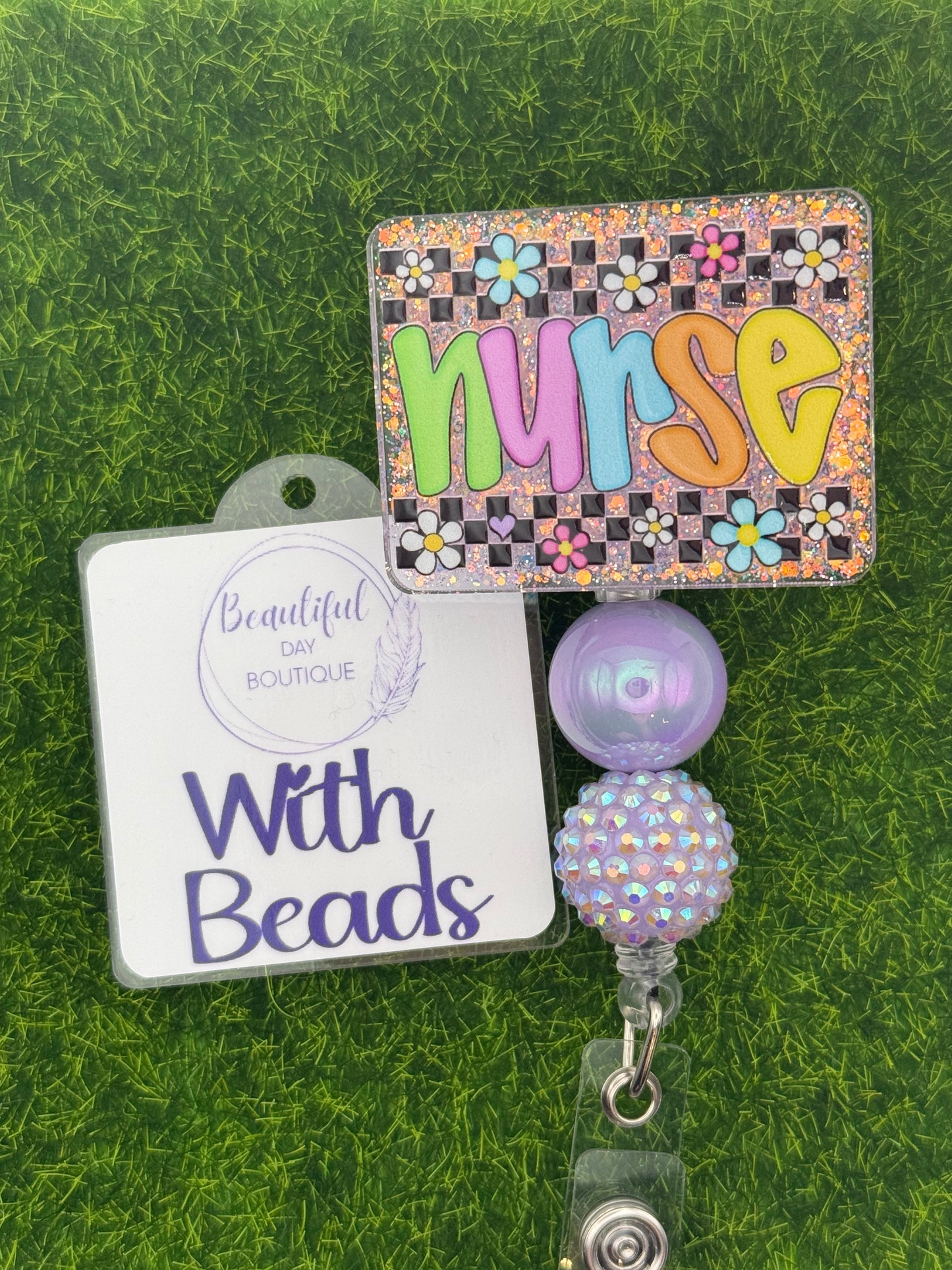 Nurse-retro daisies purple glitter