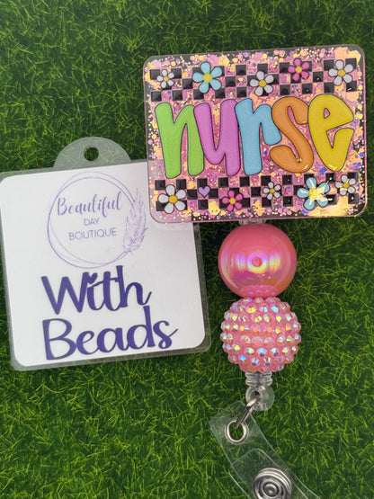 Nurse-retro daisies pink glitter