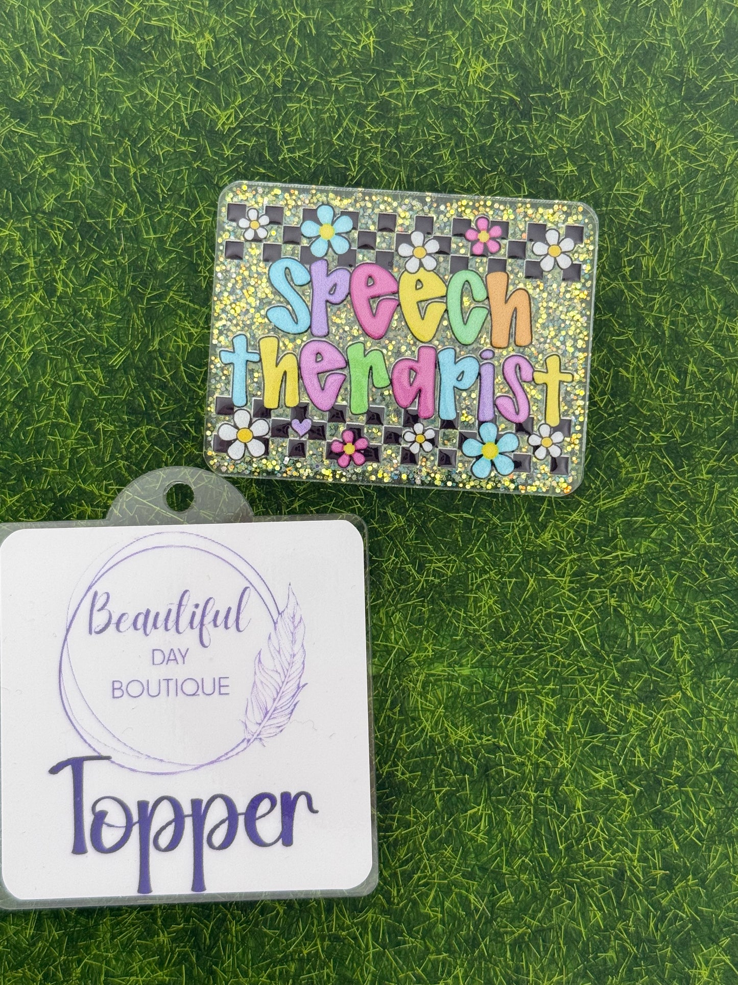 Speech Therapist-retro daisies teal glitter