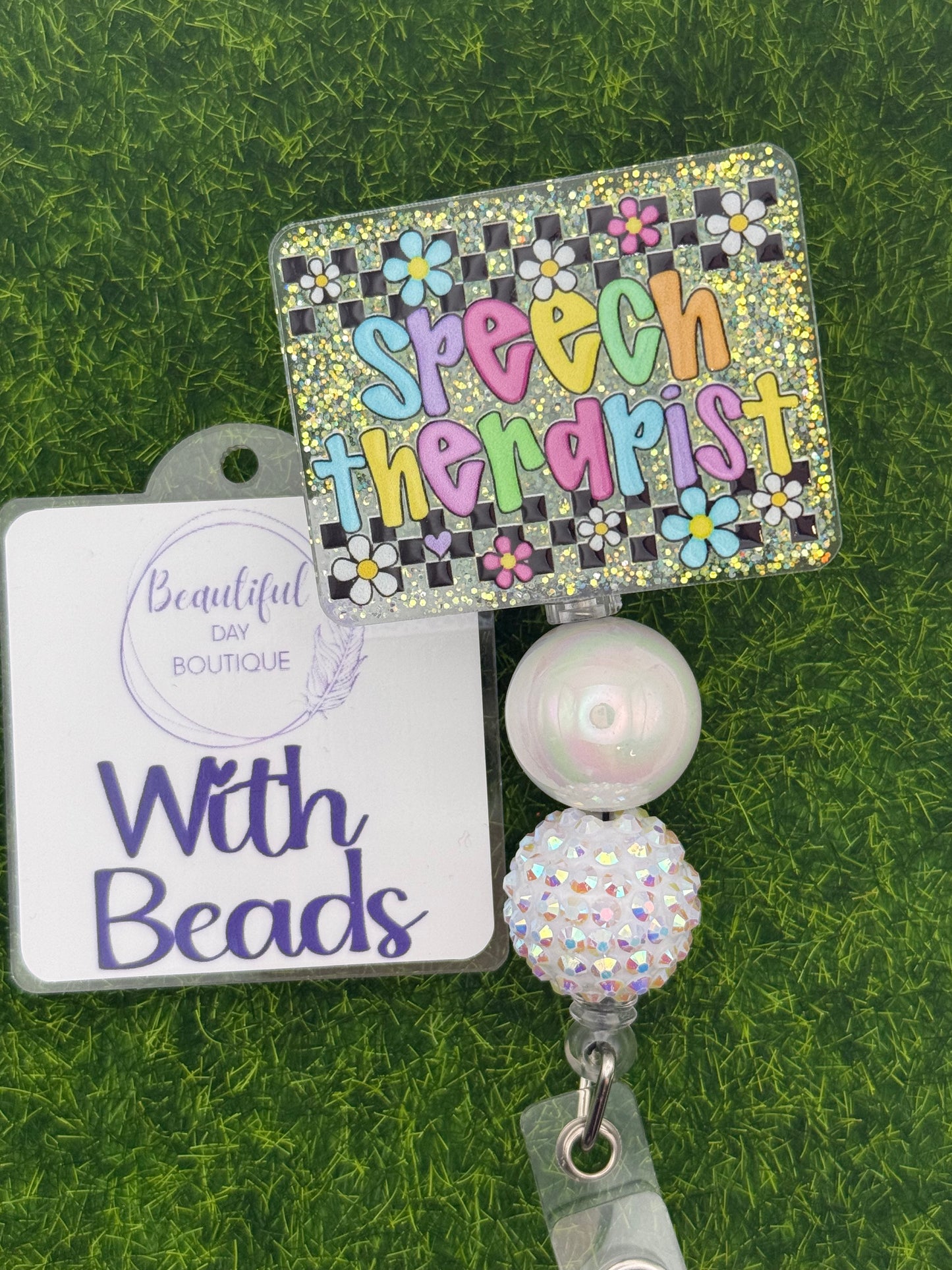 Speech Therapist-retro daisies teal glitter