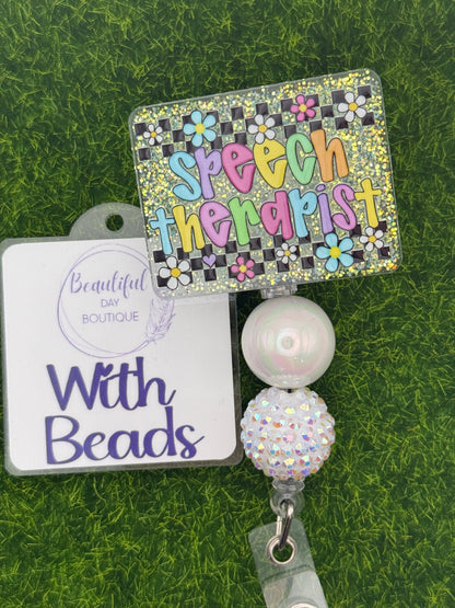 Speech Therapist-retro daisies teal glitter
