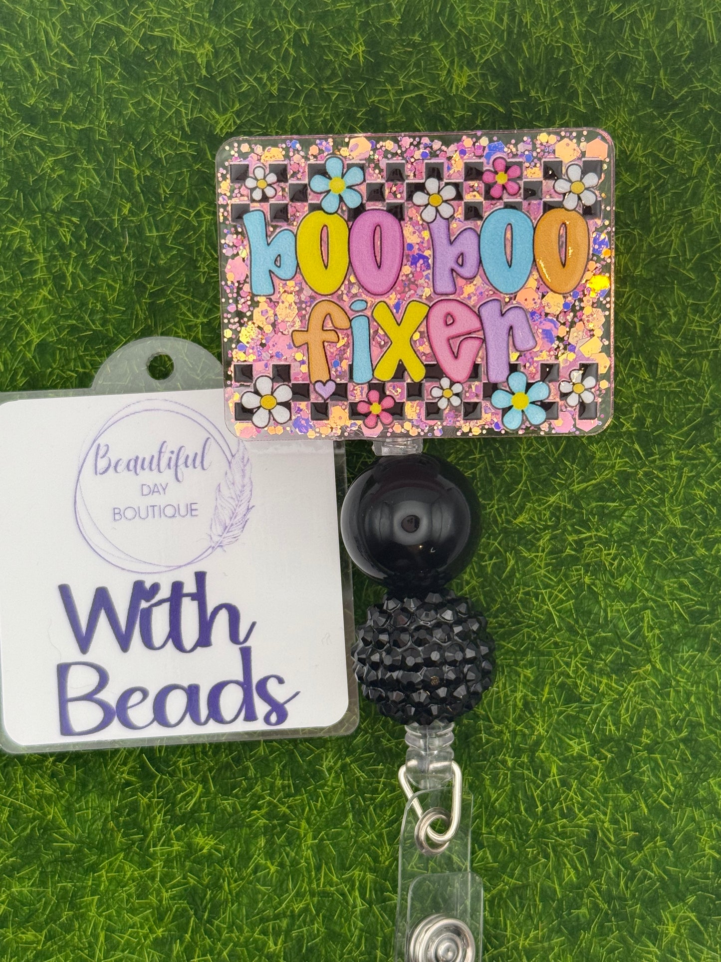 Boo Boo fixer- retro daisies pink glitter