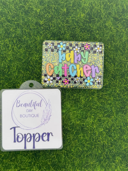 Baby catcher-retro daisies teal glitter