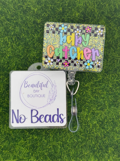 Baby catcher-retro daisies teal glitter