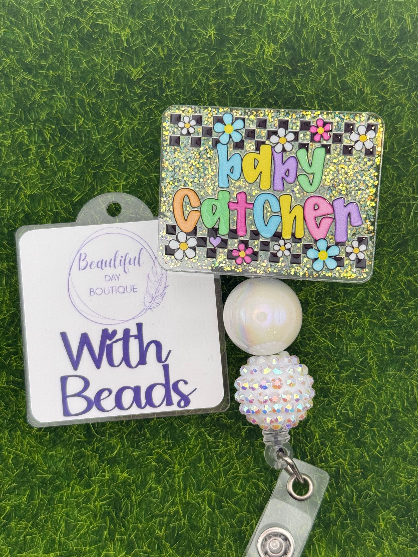 Baby catcher-retro daisies teal glitter