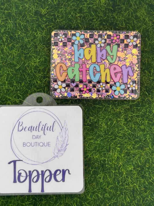 Baby catcher-retro daisies pink glitter