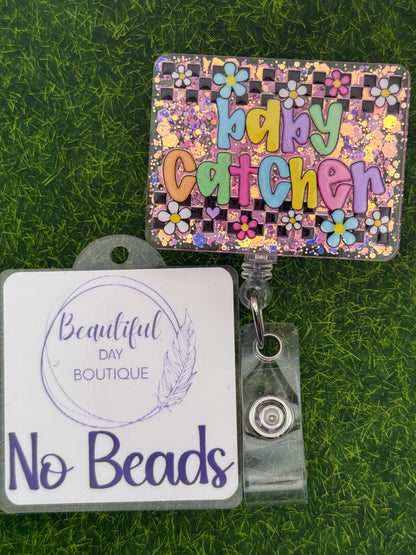 Baby catcher-retro daisies pink glitter