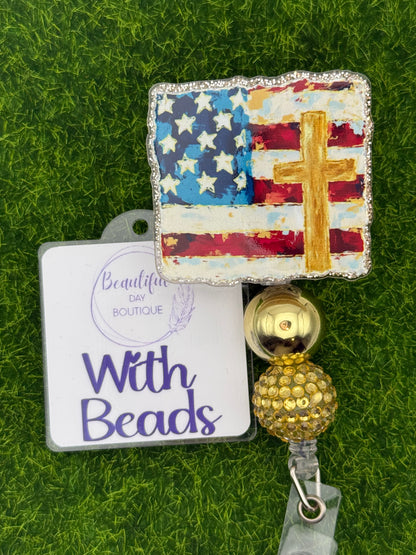 Rugged cross and flag