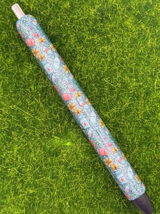 Floral meds on blue glitter-inkjoy pen