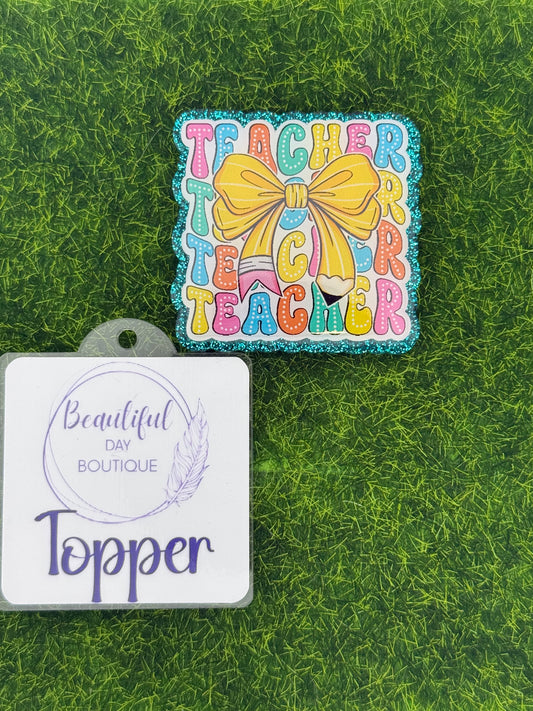 Stacked teacher pencil bow-teal