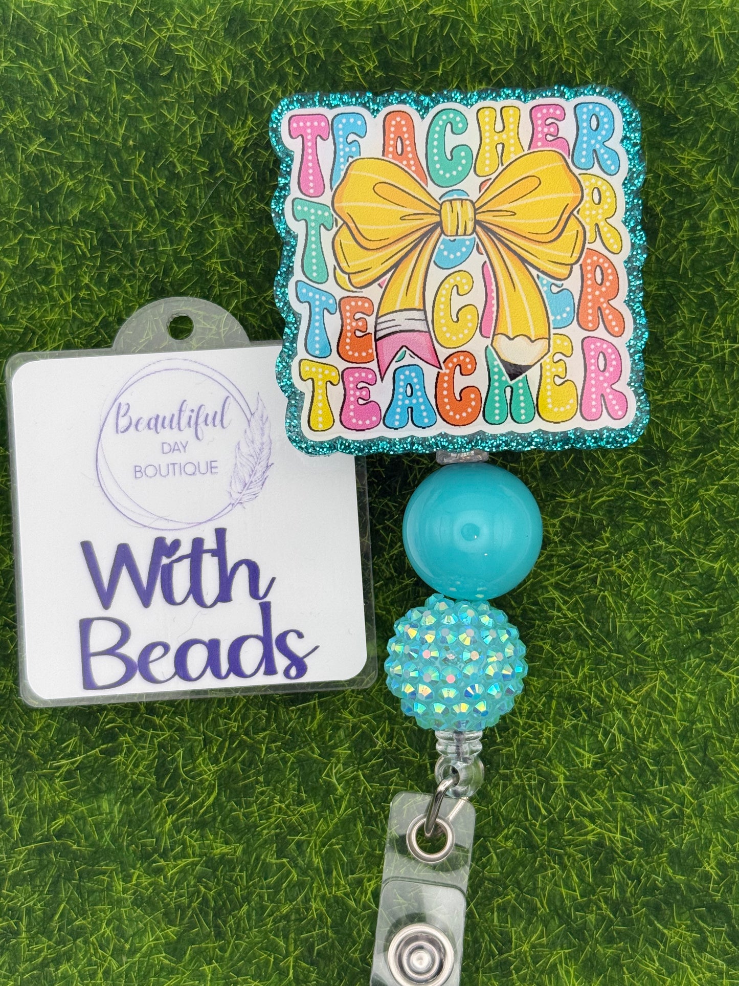 Stacked teacher pencil bow-teal