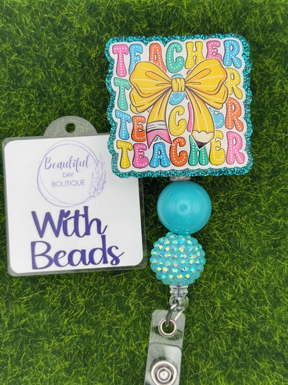 Stacked teacher pencil bow-teal