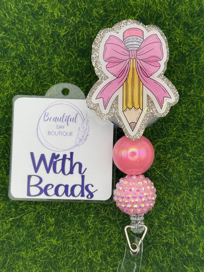 Pencil pink bow-silver glitter