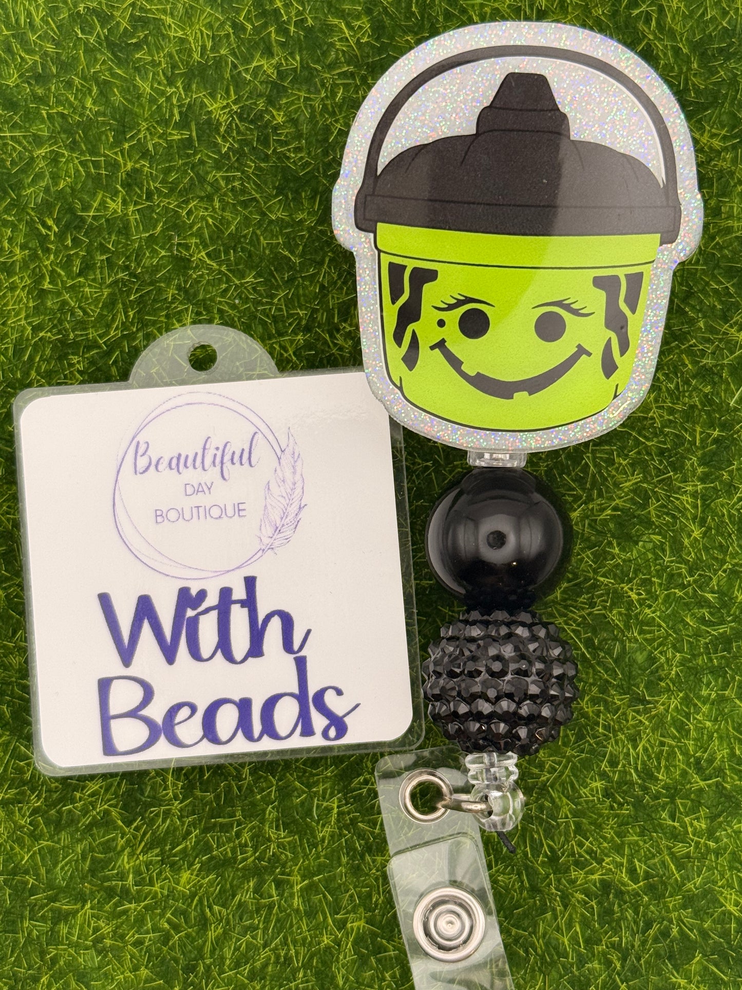 Halloween Bucket-Green-White Glitter
