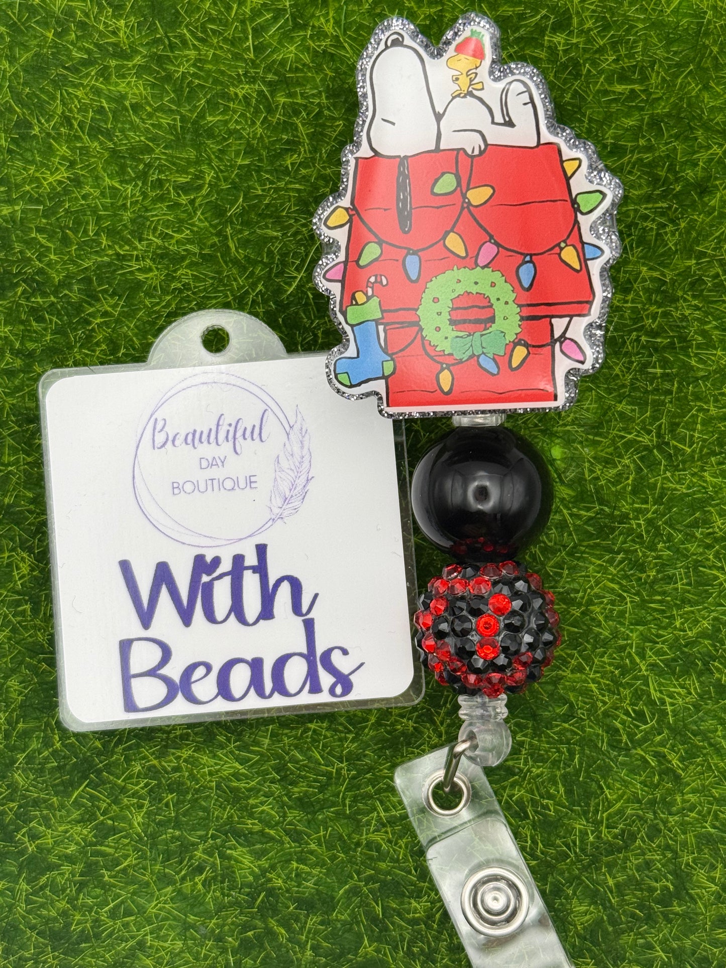 Beagle on red house Christmas black glitter