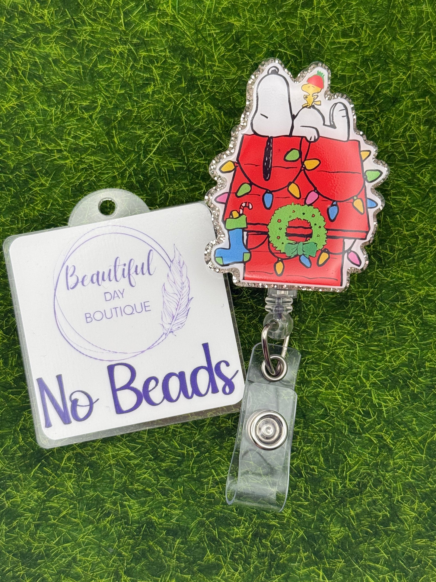 Beagle on red house Christmas silver glitter