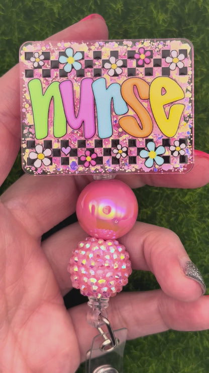 Nurse-retro daisies pink glitter