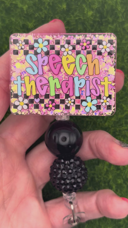 Speech Therapist-retro daisies pink glitter