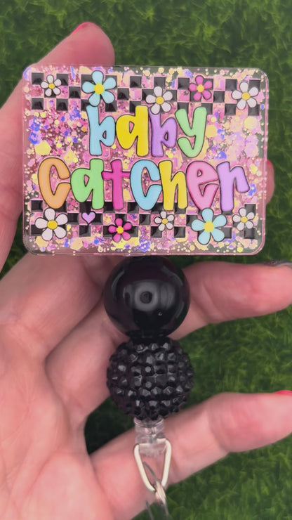 Baby catcher-retro daisies pink glitter