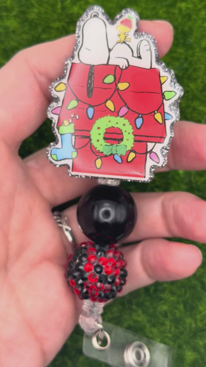 Beagle on red house Christmas black glitter