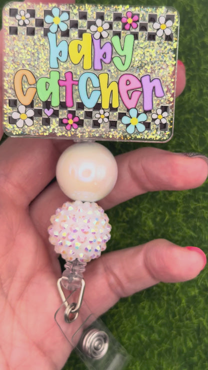 Baby catcher-retro daisies teal glitter