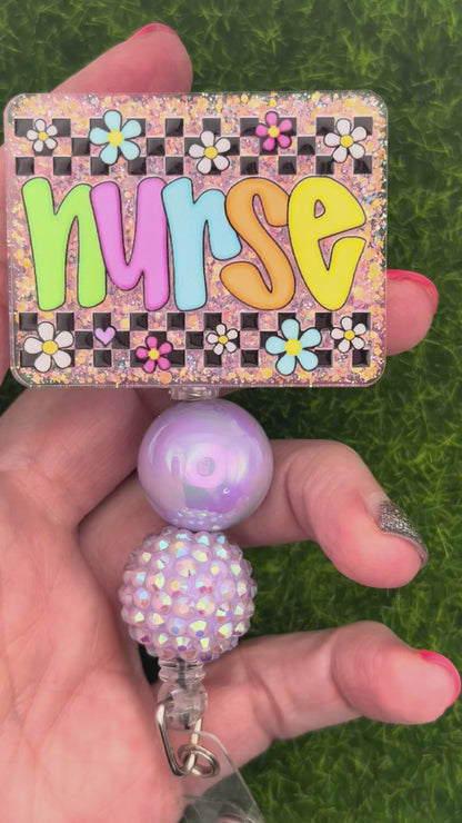 Nurse-retro daisies purple glitter